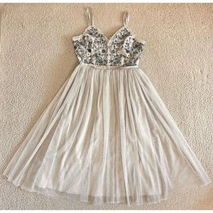 OCCASION by DEX Beaded Dress Womens XS Tulle Long Spaghetti Straps Embroidered